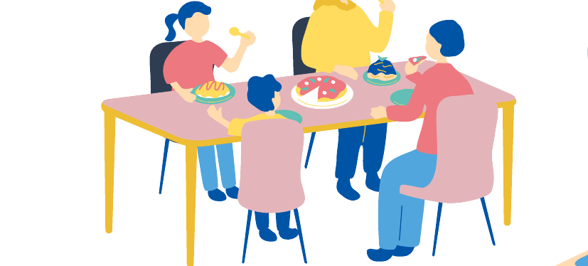 Illustration of a family eating together at a table