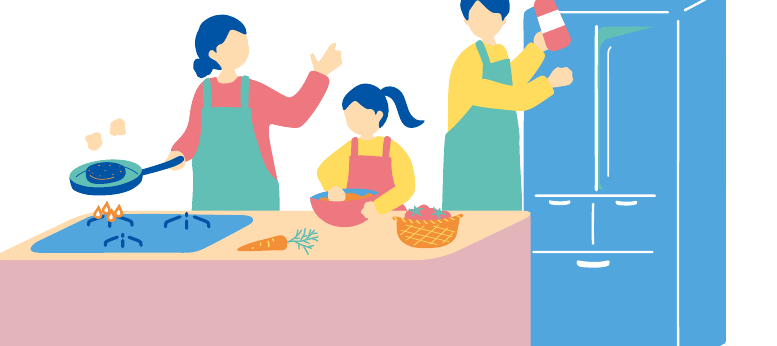 Illustration of a family cooking in a kitchen